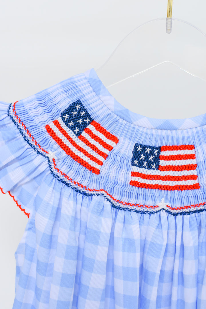 Patriotic Blue Gingham American Flag Smocked Dress