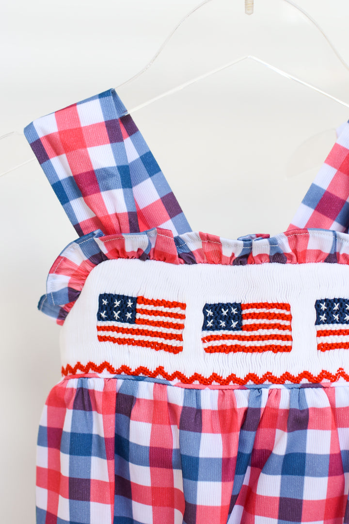 Red White Blue Gingham Patriotic Flag Smocked Bubble
