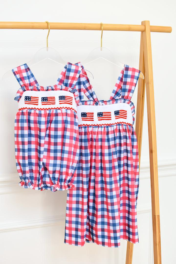 Red White Blue Gingham Patriotic Flag Smocked Bubble
