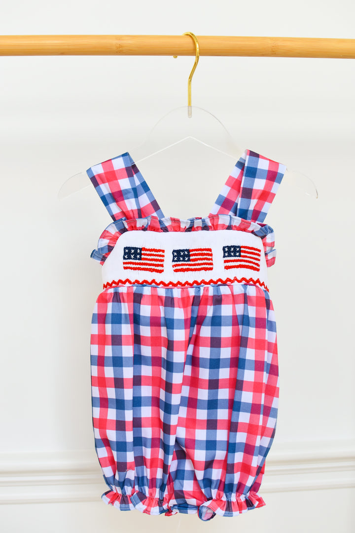 Red White Blue Gingham Patriotic Flag Smocked Bubble