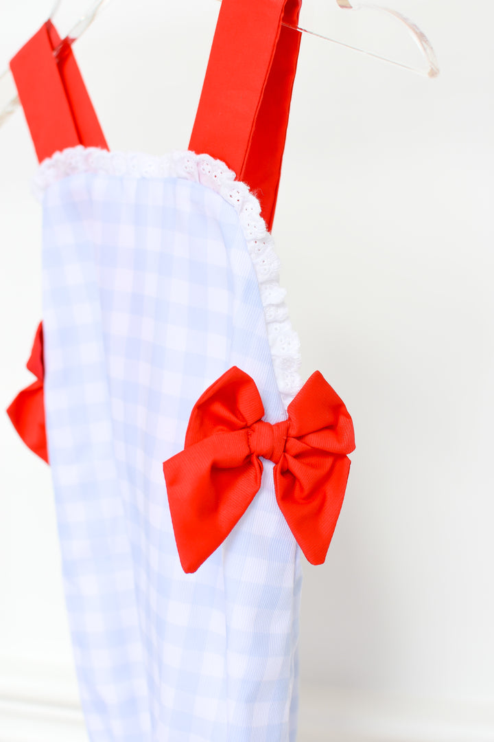 Patriotic Girls Red Bow Blue Gingham Bubble