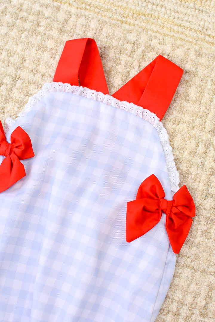 Patriotic Girls Red Bow Blue Gingham Bubble