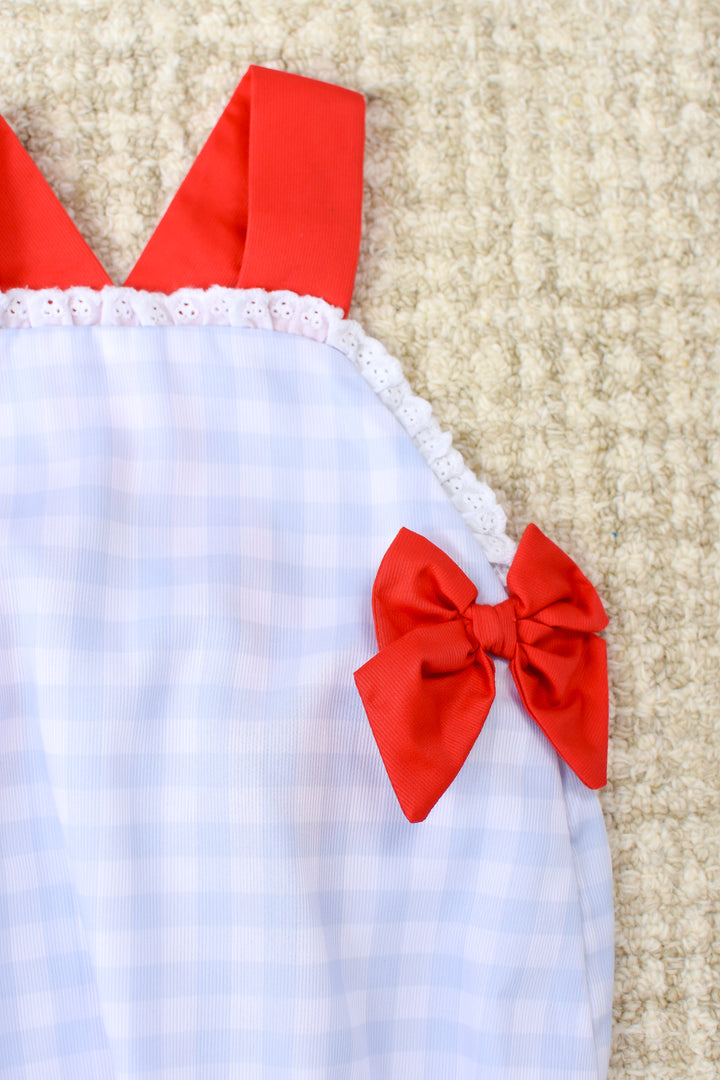 Patriotic Girls Red Bow Blue Gingham Bubble