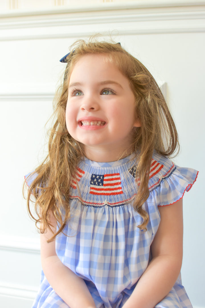 Patriotic Blue Gingham American Flag Smocked Dress