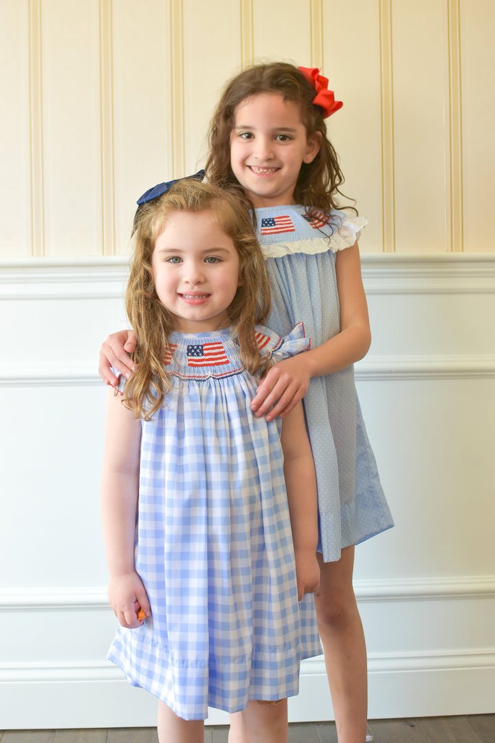 Patriotic Blue Gingham American Flag Smocked Dress