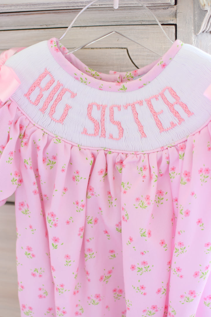 PRE-ORDER Big Sister Pink Floral Smocked Bubble with Pink Bows