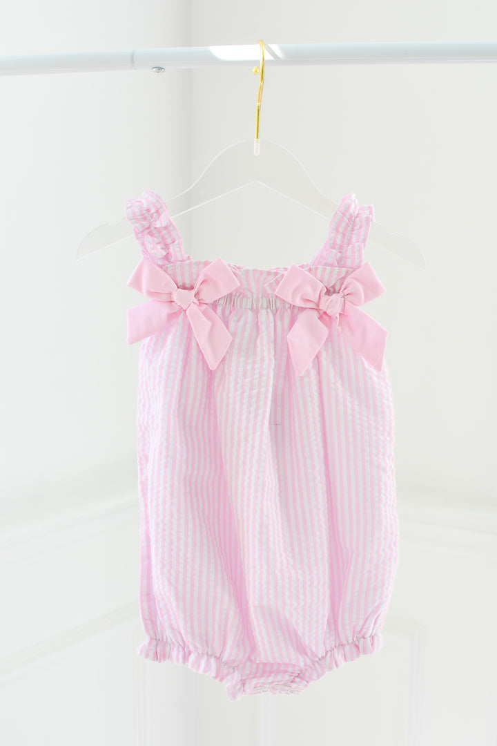Pink Seersucker Bubble with Bows
