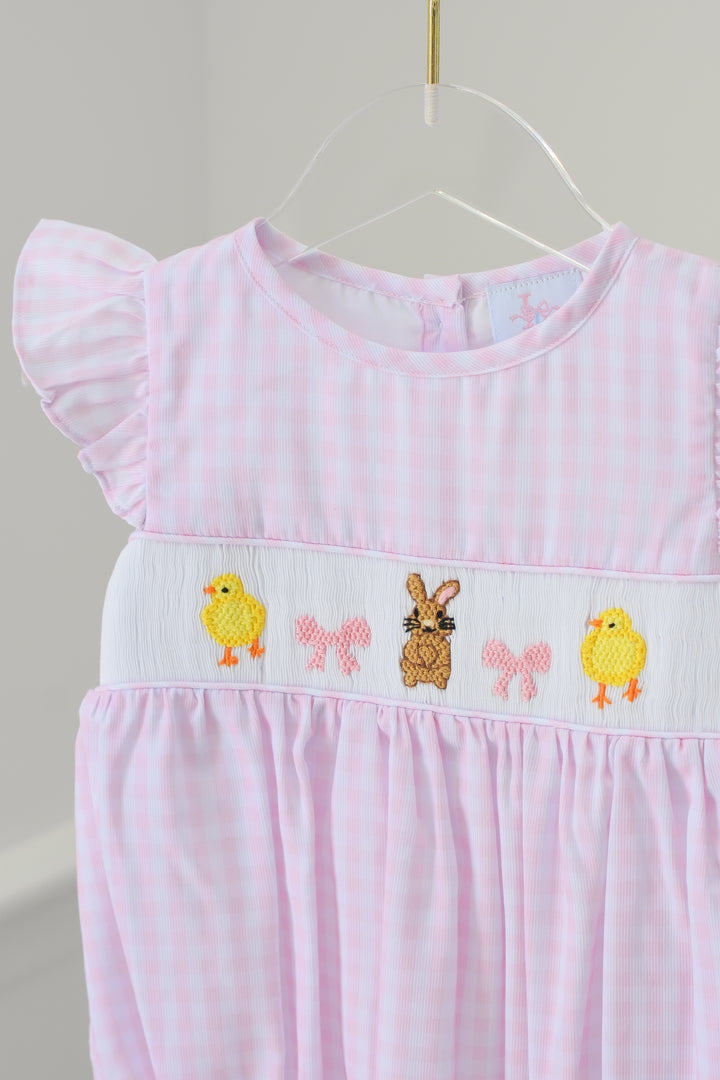 Bunny Chick Pink Gingham Smocked Bubble