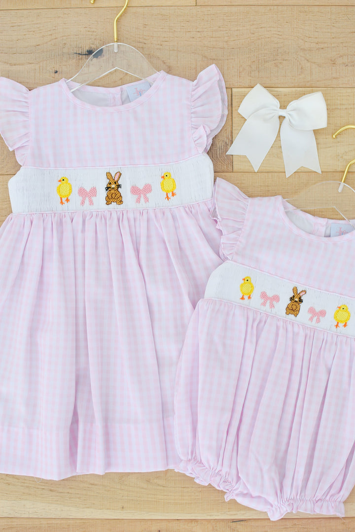 Bunny Chick Pink Gingham Smocked Bubble