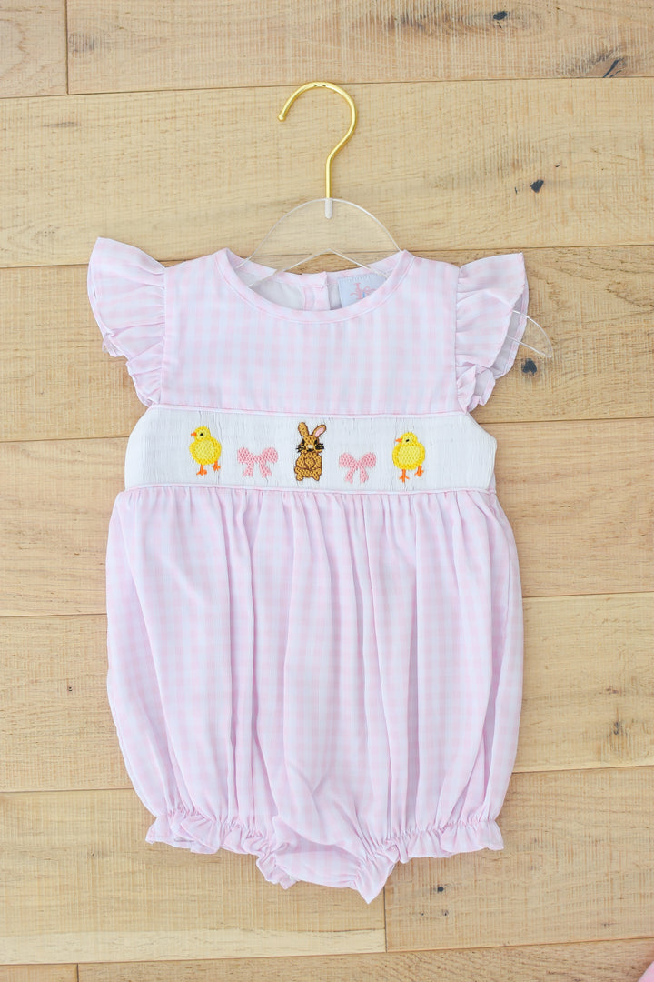 Bunny Chick Pink Gingham Smocked Bubble