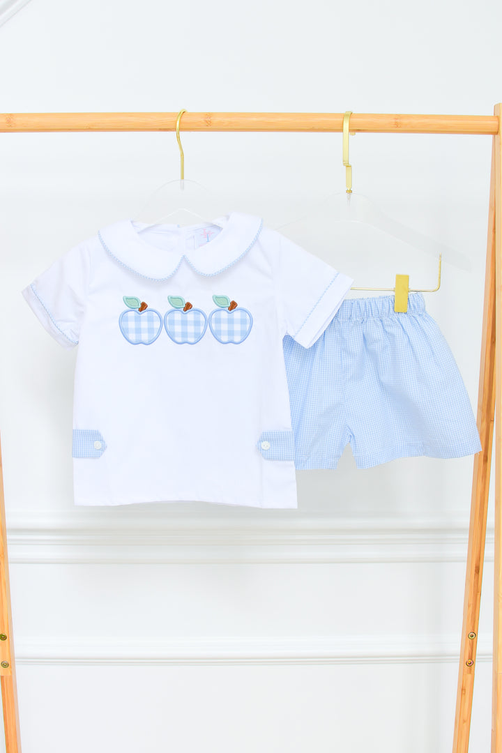 Blue Gingham Apple Boys Short Set