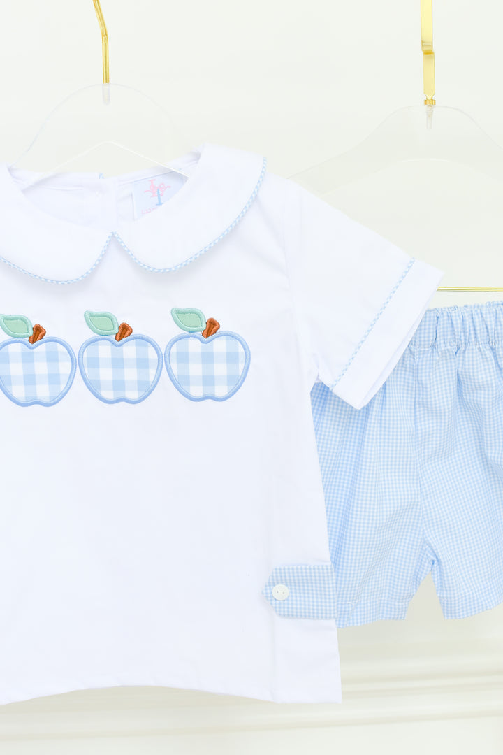 Blue Gingham Apple Boys Short Set