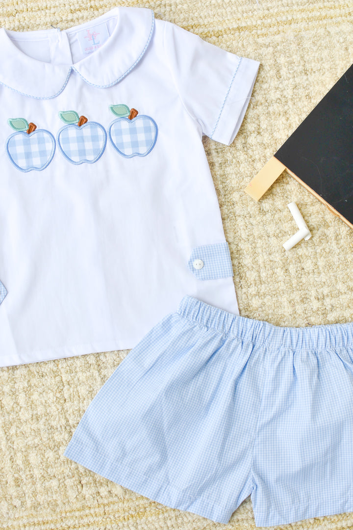 Blue Gingham Apple Boys Short Set