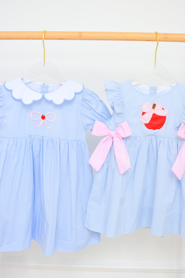 Blue Gingham Apple Bow Dress