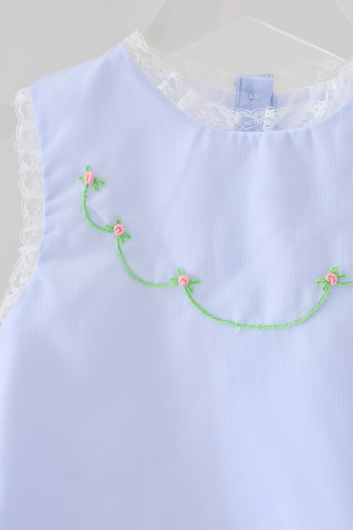 Pink Roses on Pale Blue Smocked Diaper Set