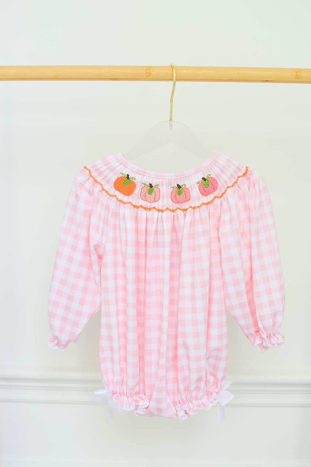 Peach Gingham Pumpkin Smocked Bubble