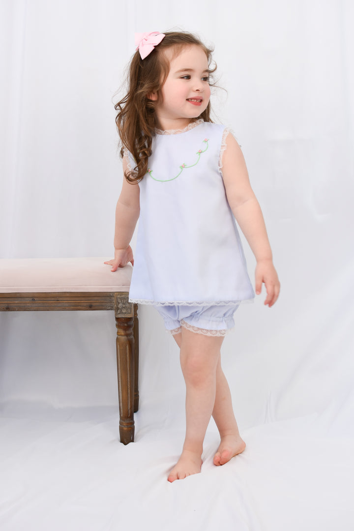 Pink Roses on Pale Blue Smocked Diaper Set