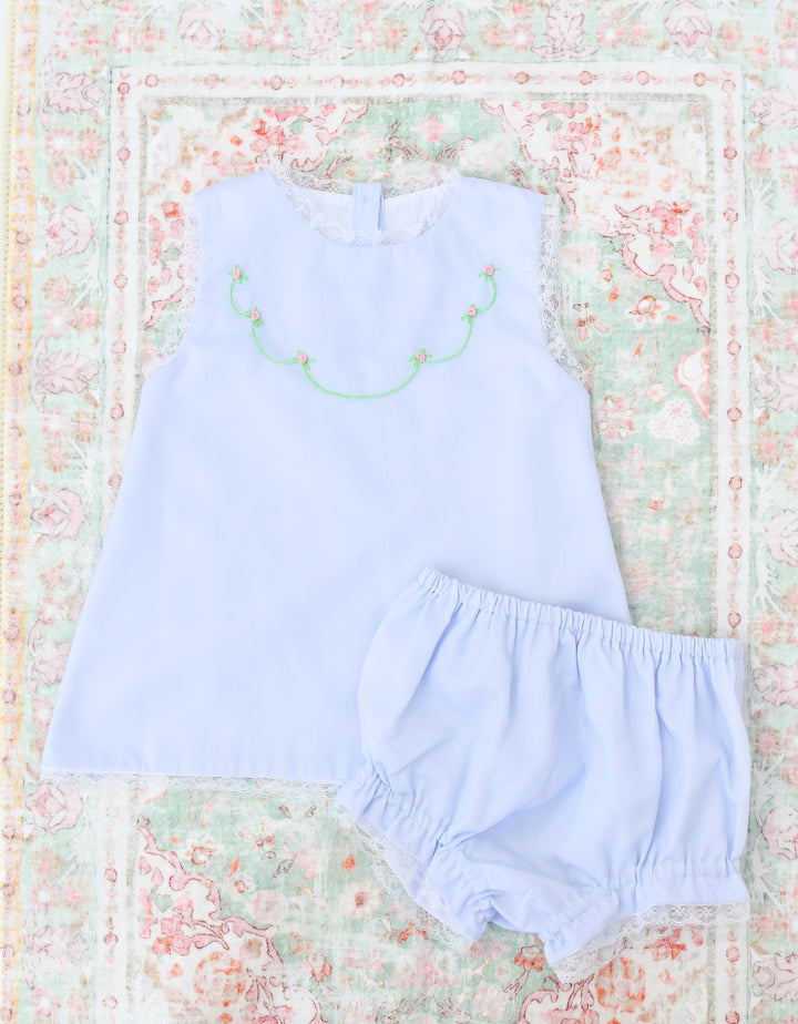 Pink Roses on Pale Blue Smocked Diaper Set