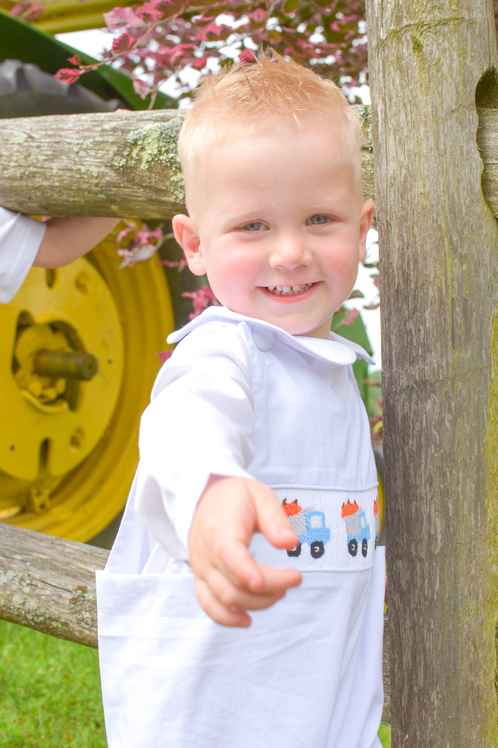 Boys Pumpkin Truck Smocked Shortall Set