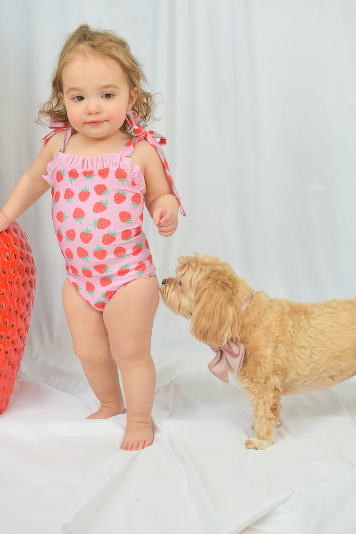 Girls Strawberry Ruffle Tie One Piece Swimsuit