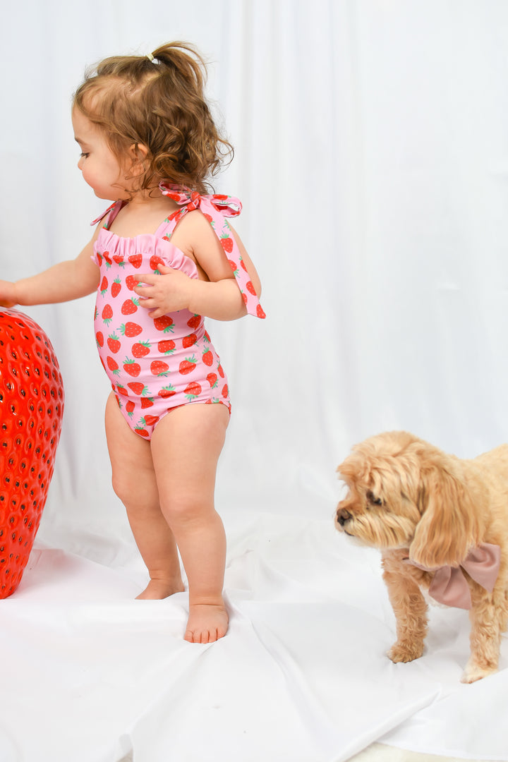 Girls Strawberry Ruffle Tie One Piece Swimsuit