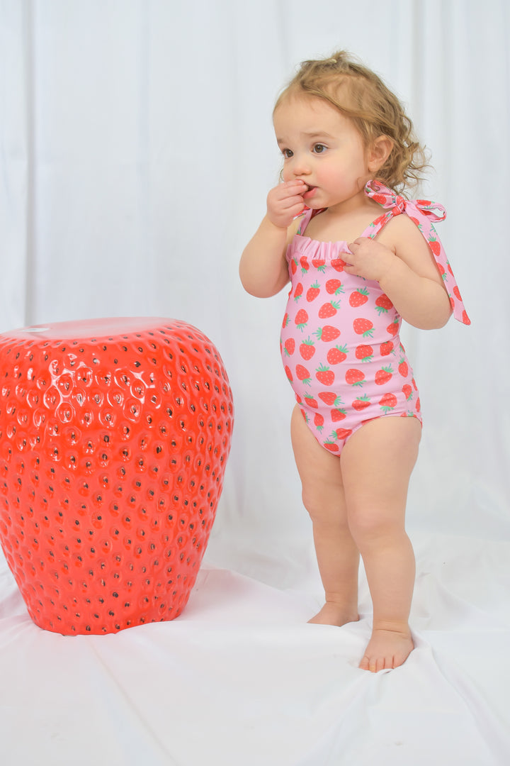 Girls Strawberry Ruffle Tie One Piece Swimsuit