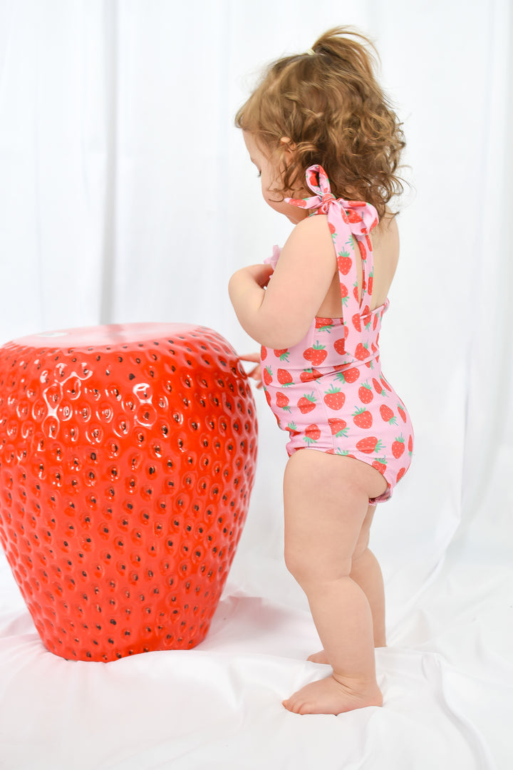 Girls Strawberry Ruffle Tie One Piece Swimsuit