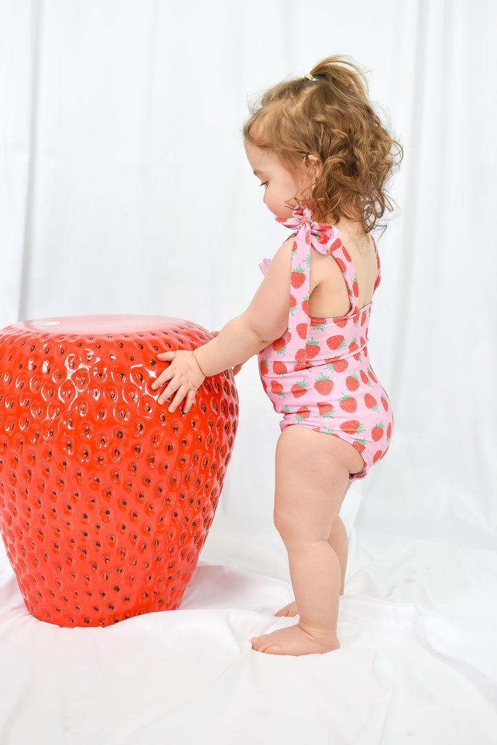 Girls Strawberry Ruffle Tie One Piece Swimsuit