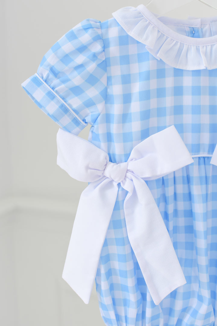 Bethany Blue Gingham Smocked Bubble