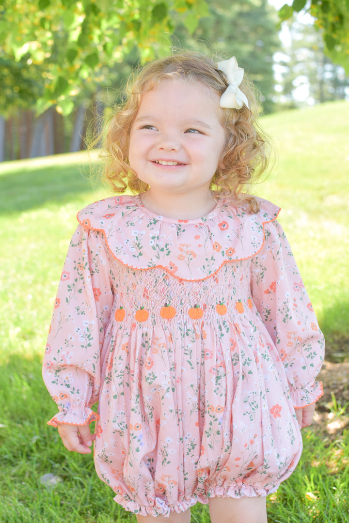 Peach Floral Pumpkin Smocked Bubble