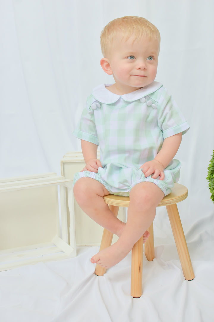 Spring Green Gingham Smocked Boy Bubble