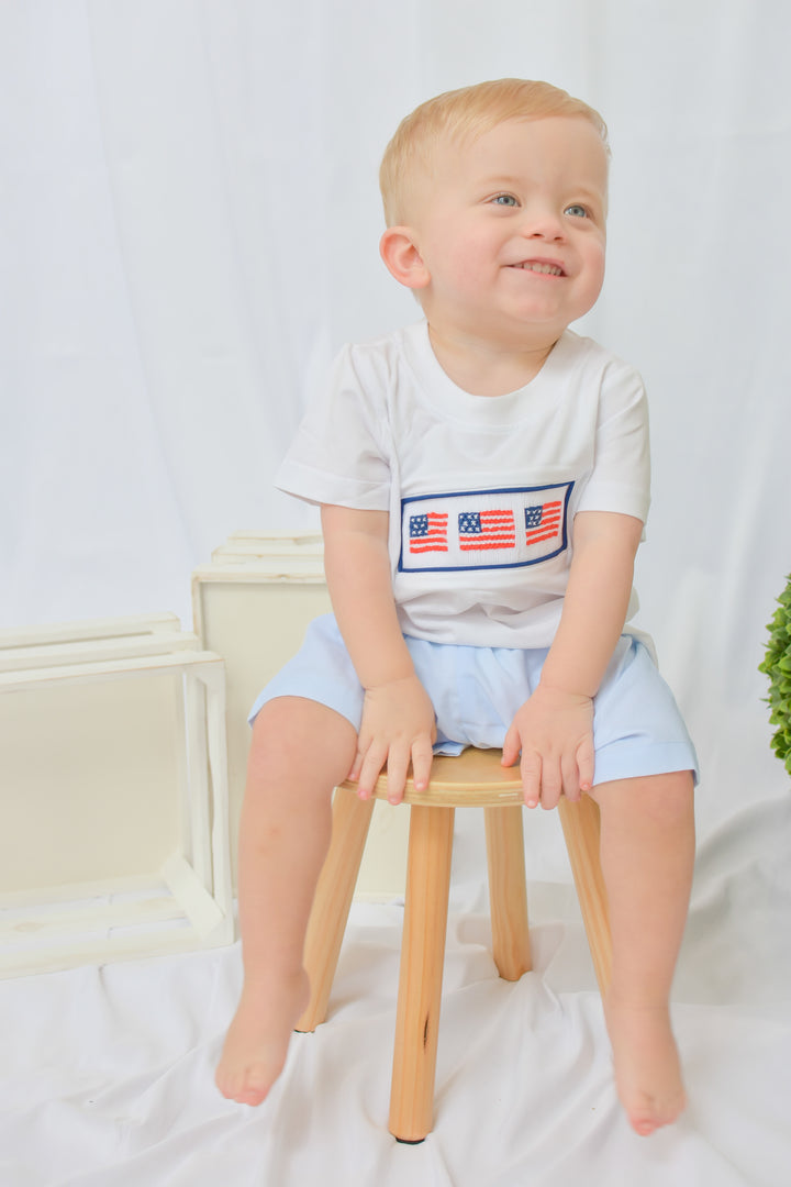 Patriotic Light Blue Smocked Boy Short Set
