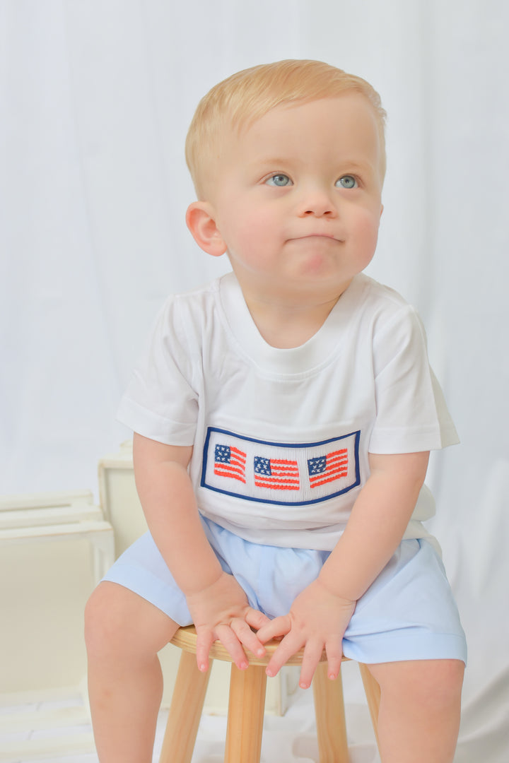 Patriotic Light Blue Smocked Boy Short Set