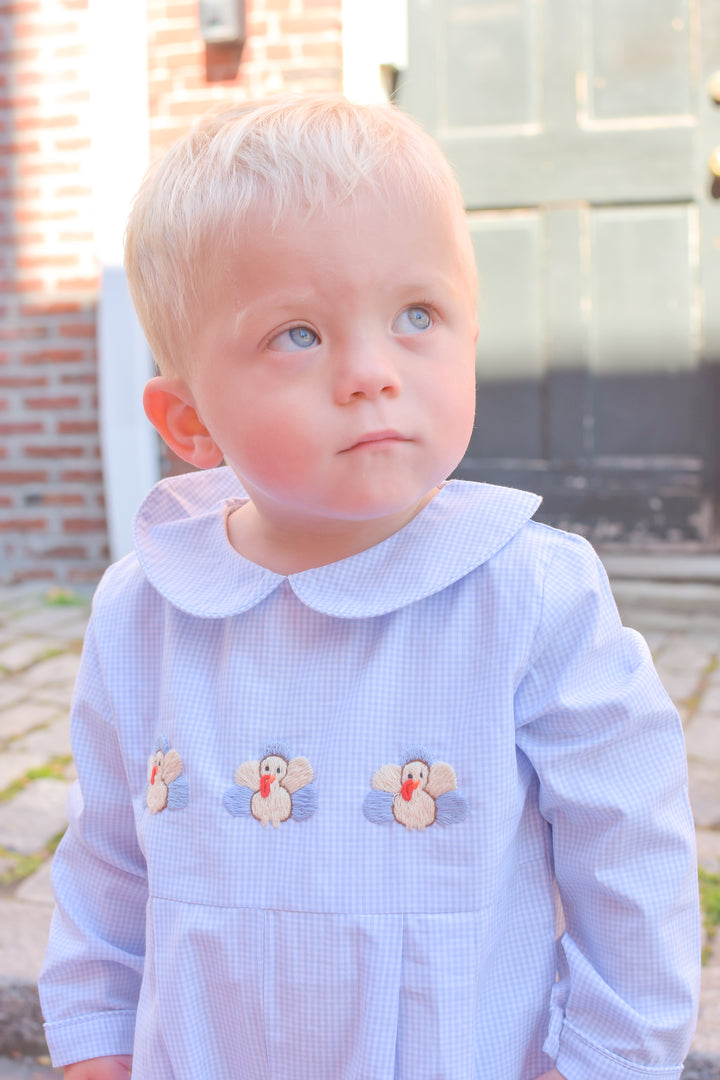 Boy Blue Gingham Turkey Thanksgiving Smocked Romper