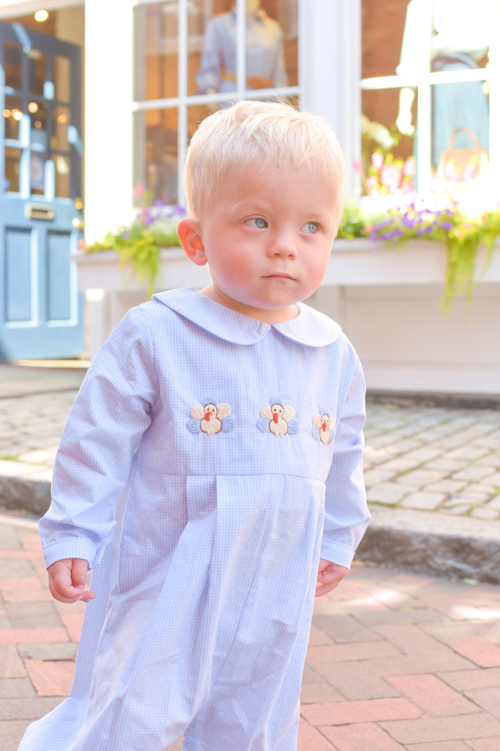 Boy Blue Gingham Turkey Thanksgiving Smocked Romper