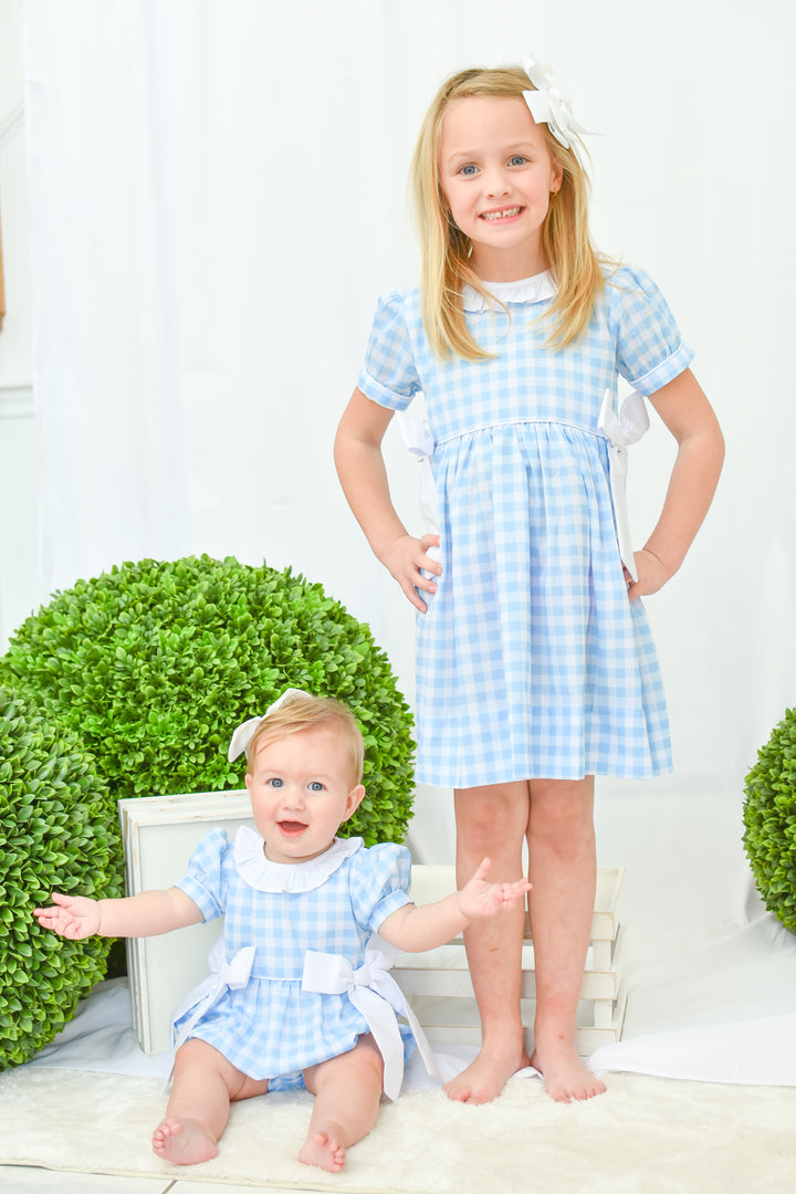 Bethany Blue Gingham Smocked Bubble