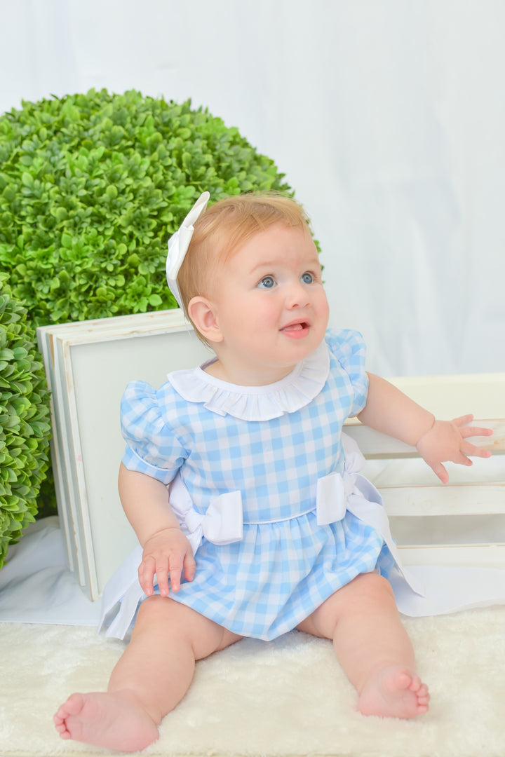 Bethany Blue Gingham Smocked Bubble