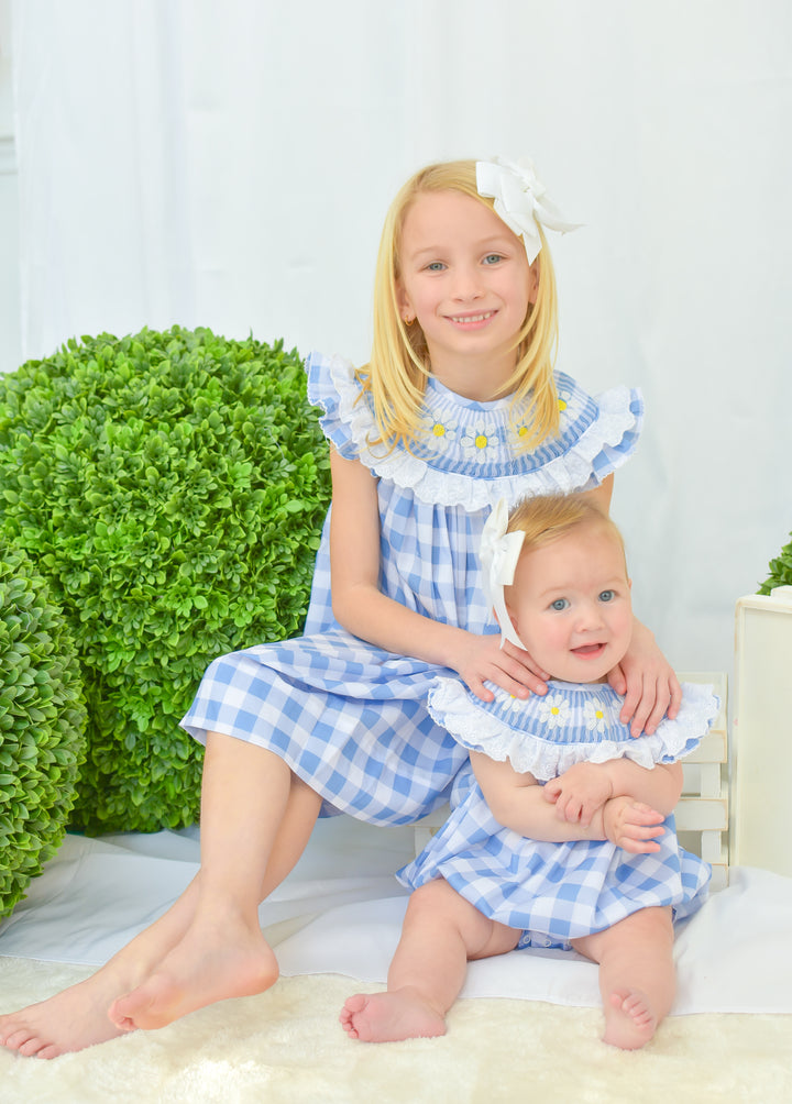 Darla Daisy Blue Gingham Smocked Bubble