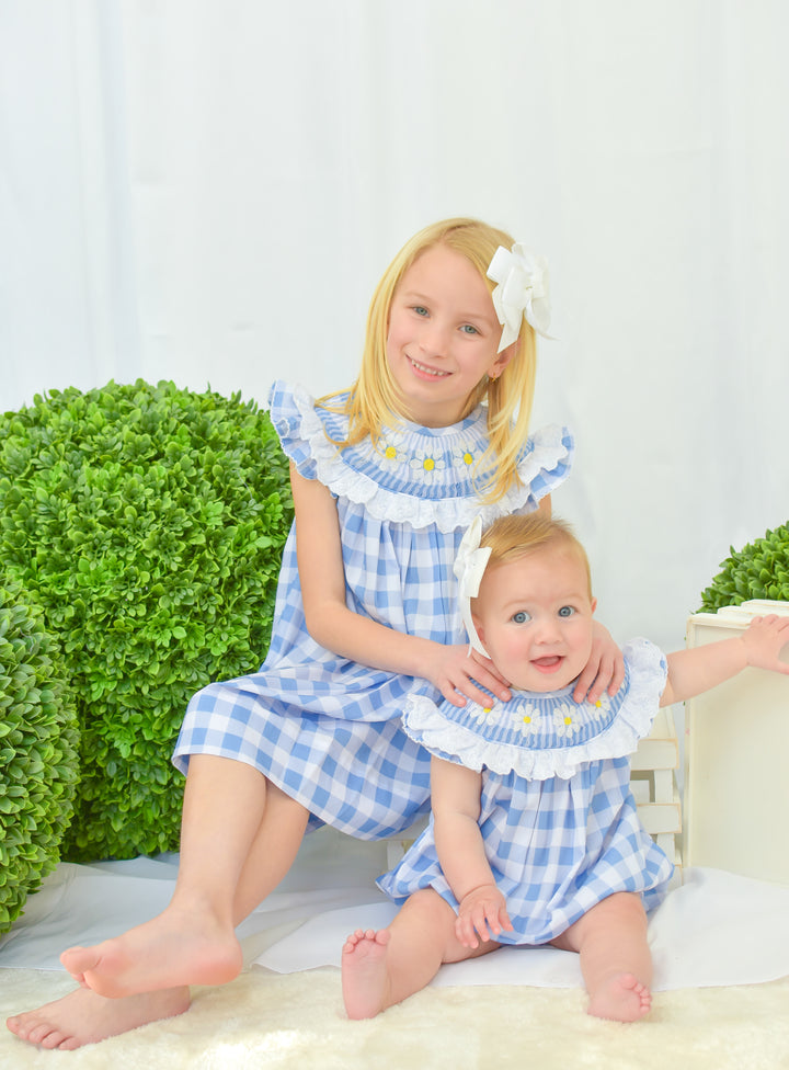 Darla Daisy Blue Gingham Smocked Bubble