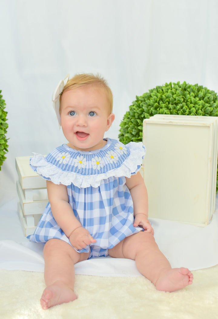 Darla Daisy Blue Gingham Smocked Bubble
