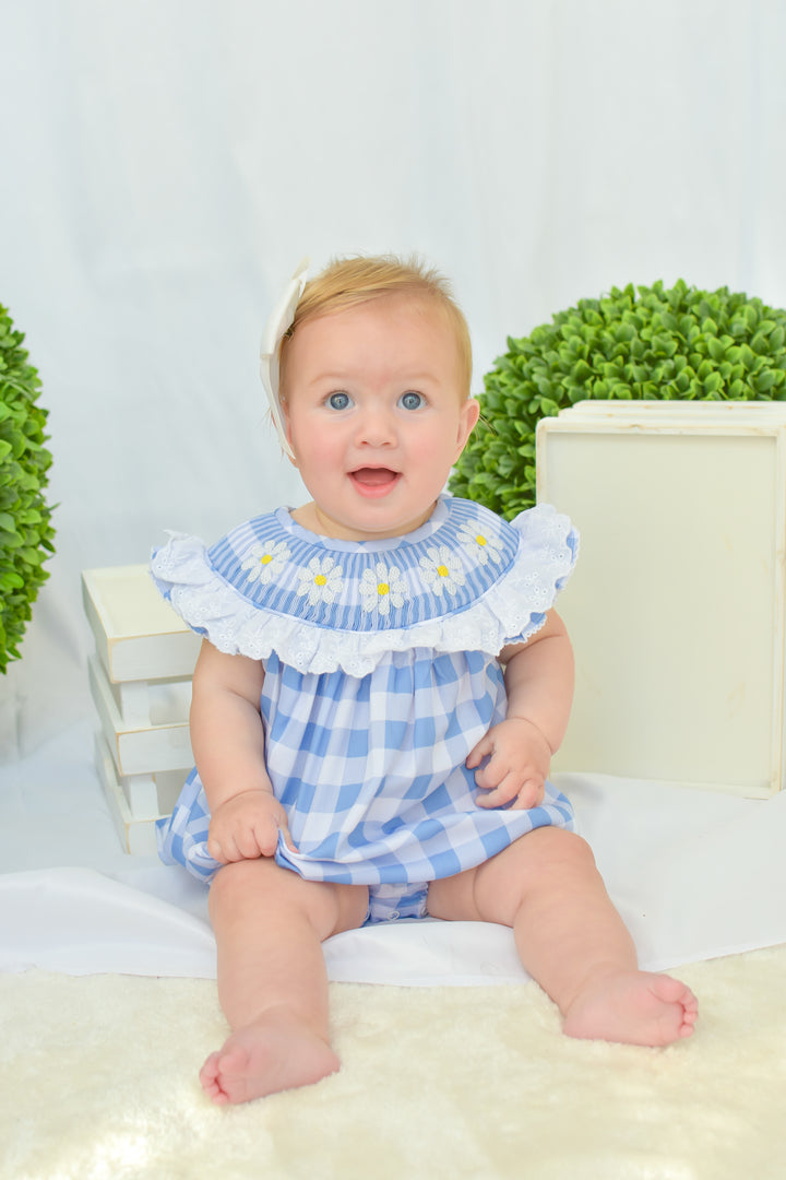 Darla Daisy Blue Gingham Smocked Bubble