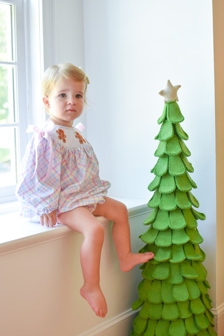 Girls Gingerbread Pink Gingham Smocked Bubble