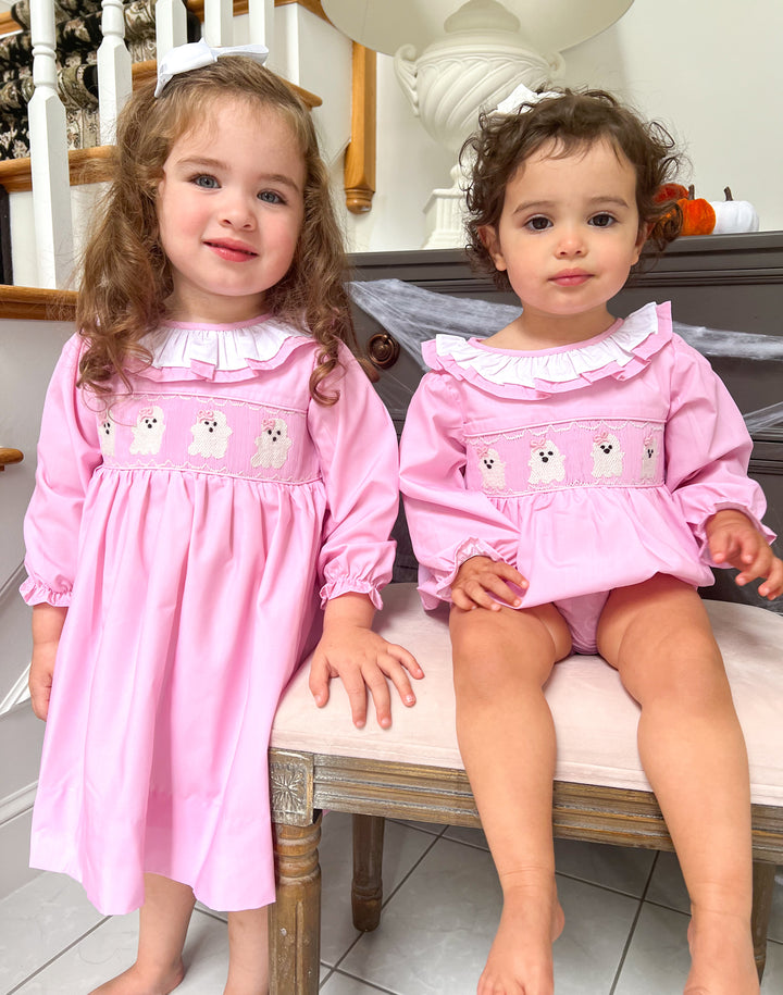 Pink Smocked Ghost Bubble with Ruffle Collar