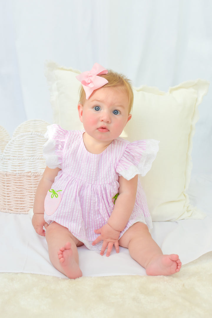 Pink Seersucker Strawberry Diaper Set