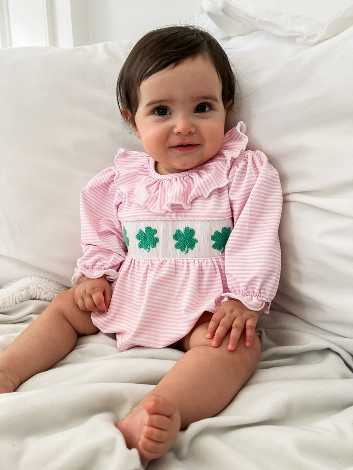 Maude Pink Four Leaf Clover Smocked Bubble