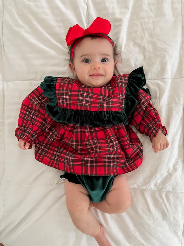 Francesca Red Holiday Plaid Smocked Diaper Set