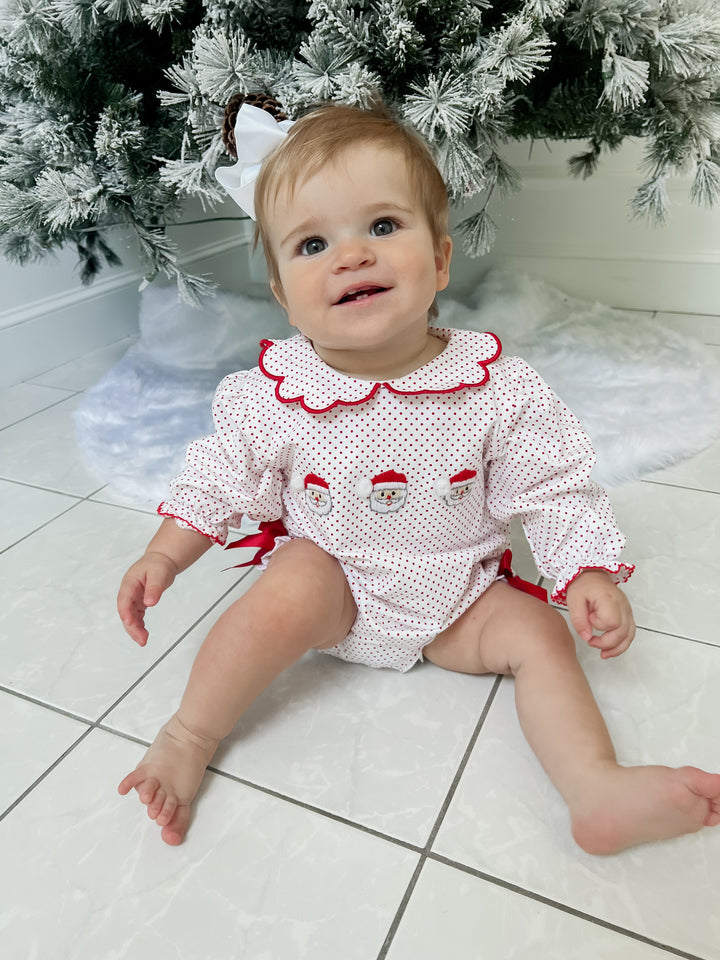 Girls Polka Dot Santa Smocked Bubble