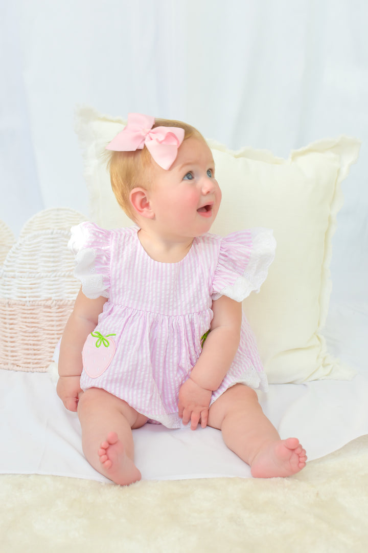 Pink Seersucker Strawberry Diaper Set