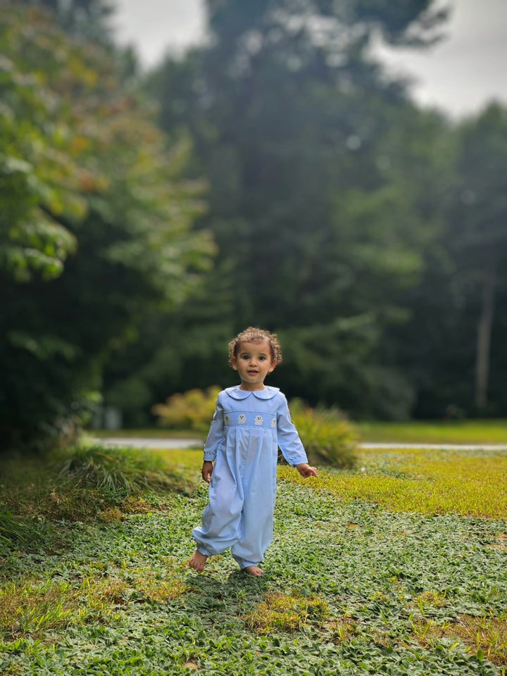 Blue Smocked Ghost Halloween Romper