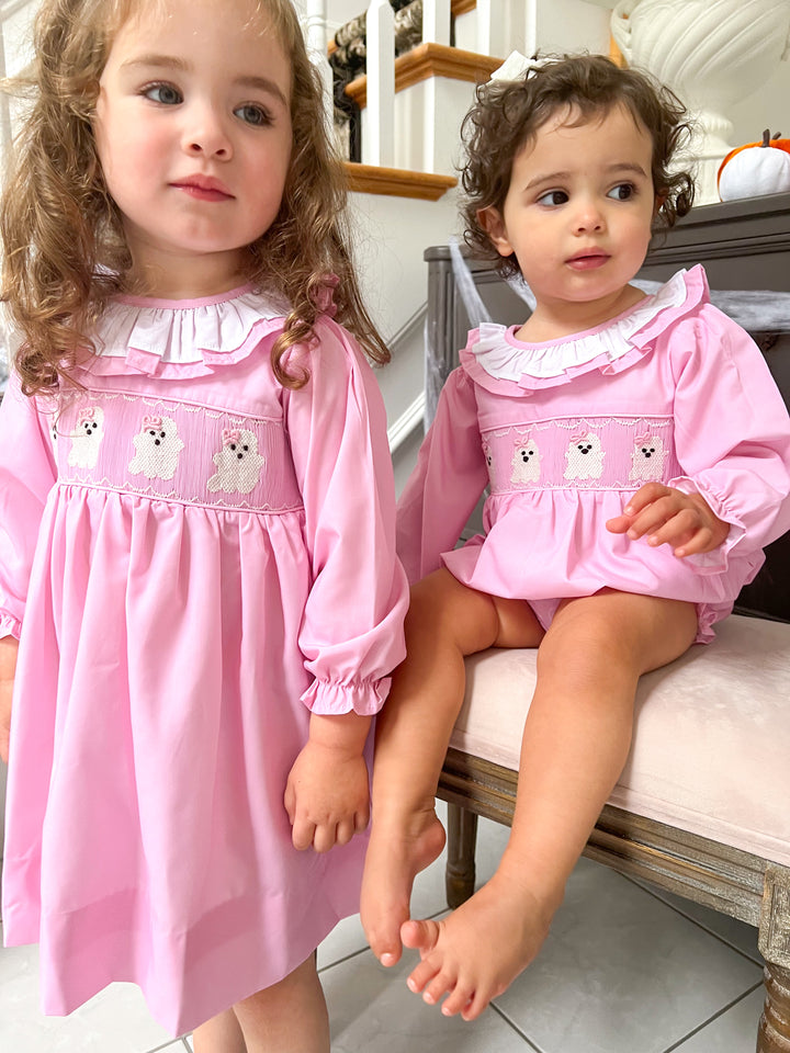 Pink Smocked Ghost Dress with Ruffle Collar